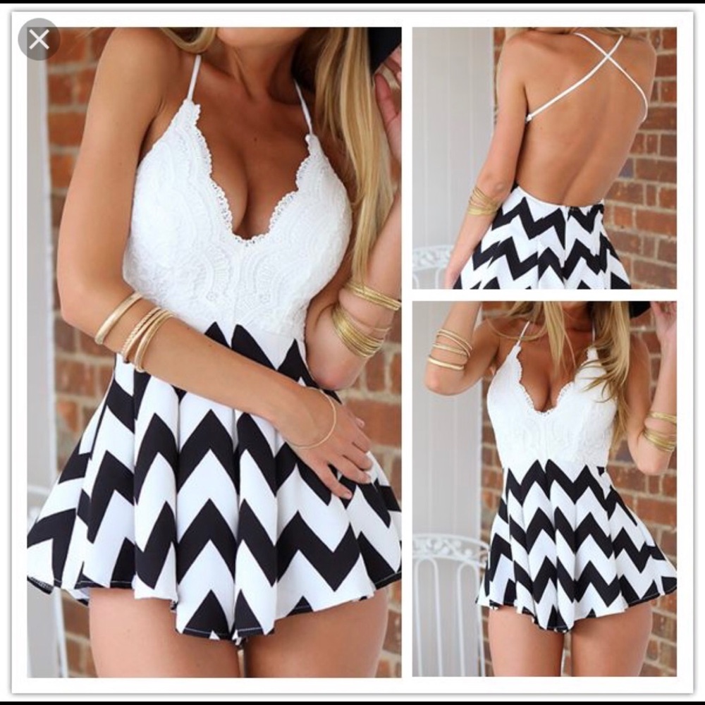 Black & White Lace Chevron Romper✨ - Picture 3 of 3